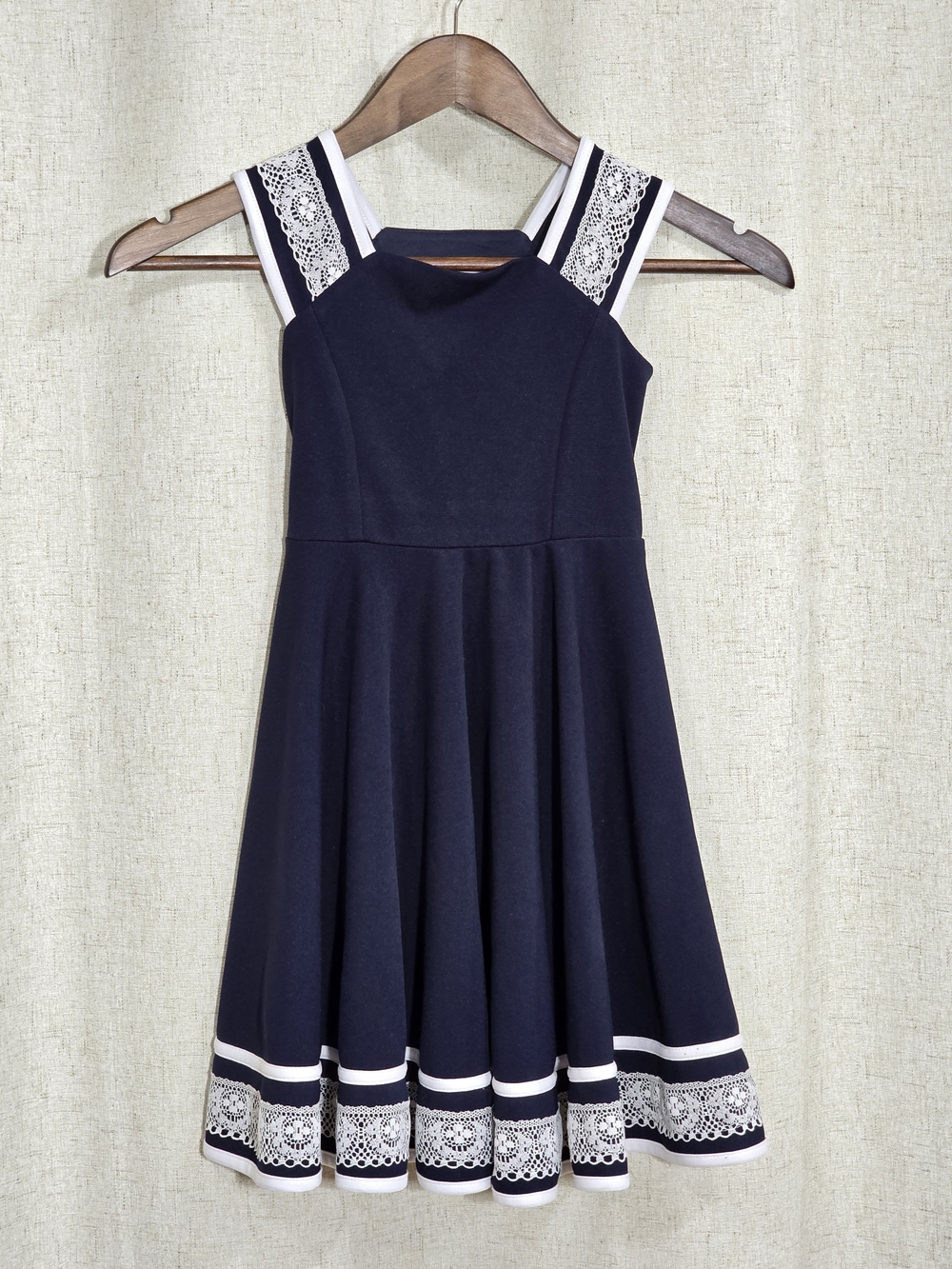 Bonnie Jean Navy Dress with White Lace Trim